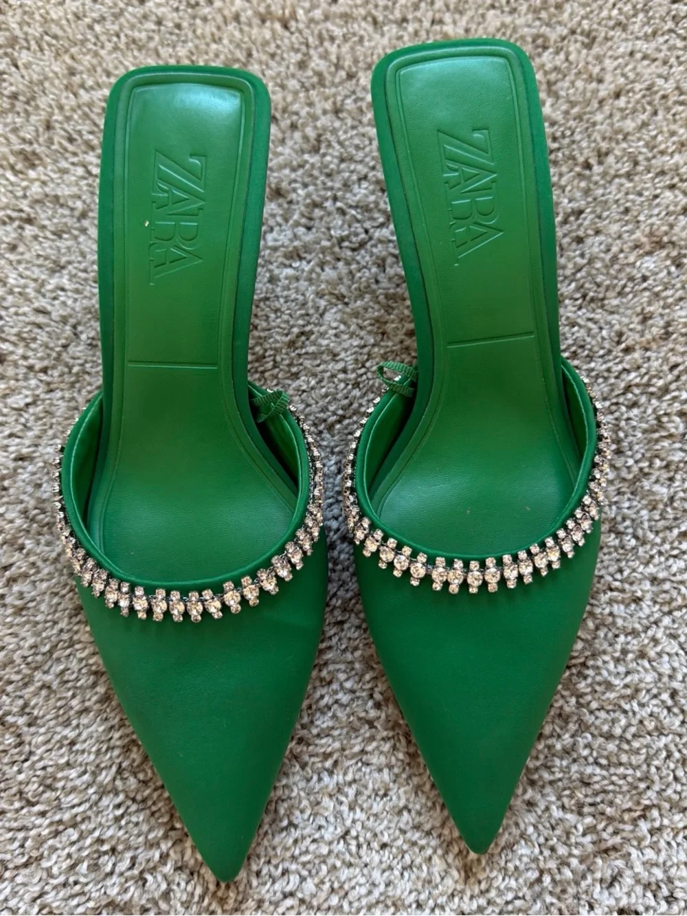 Zara Emerald Green Pointed Toe Crystal-Trim Mules - Picture 1 of 2